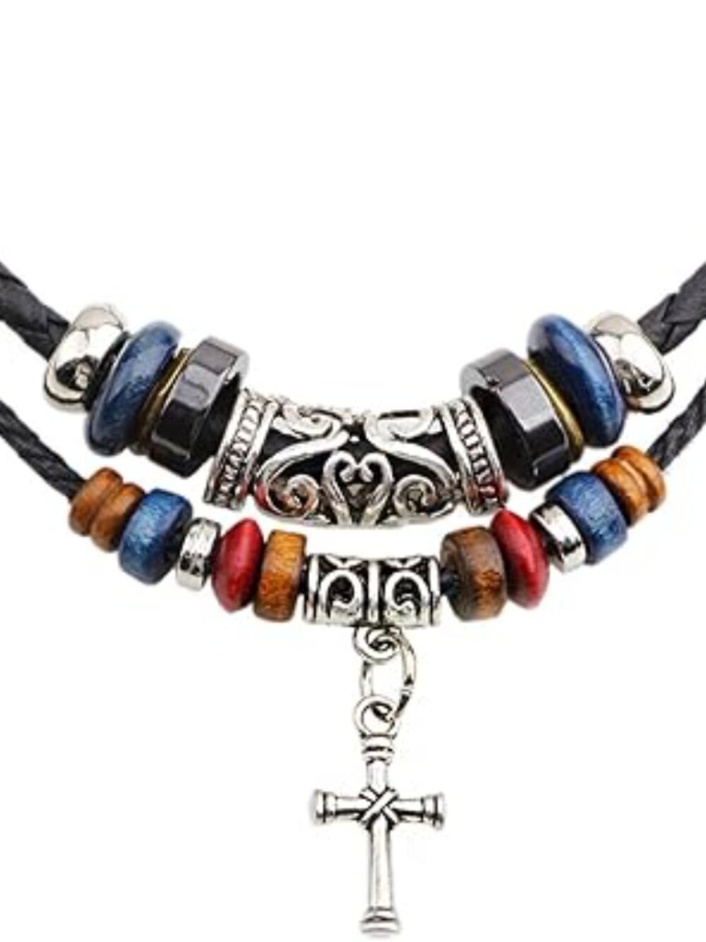 Boho Cross Leather Necklace Beads Double Layers Braided Adjustable Hippie Cross